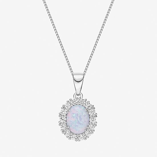 Womens Lab Created White Opal Sterling Silver Oval 18 Inch Pendant Necklace