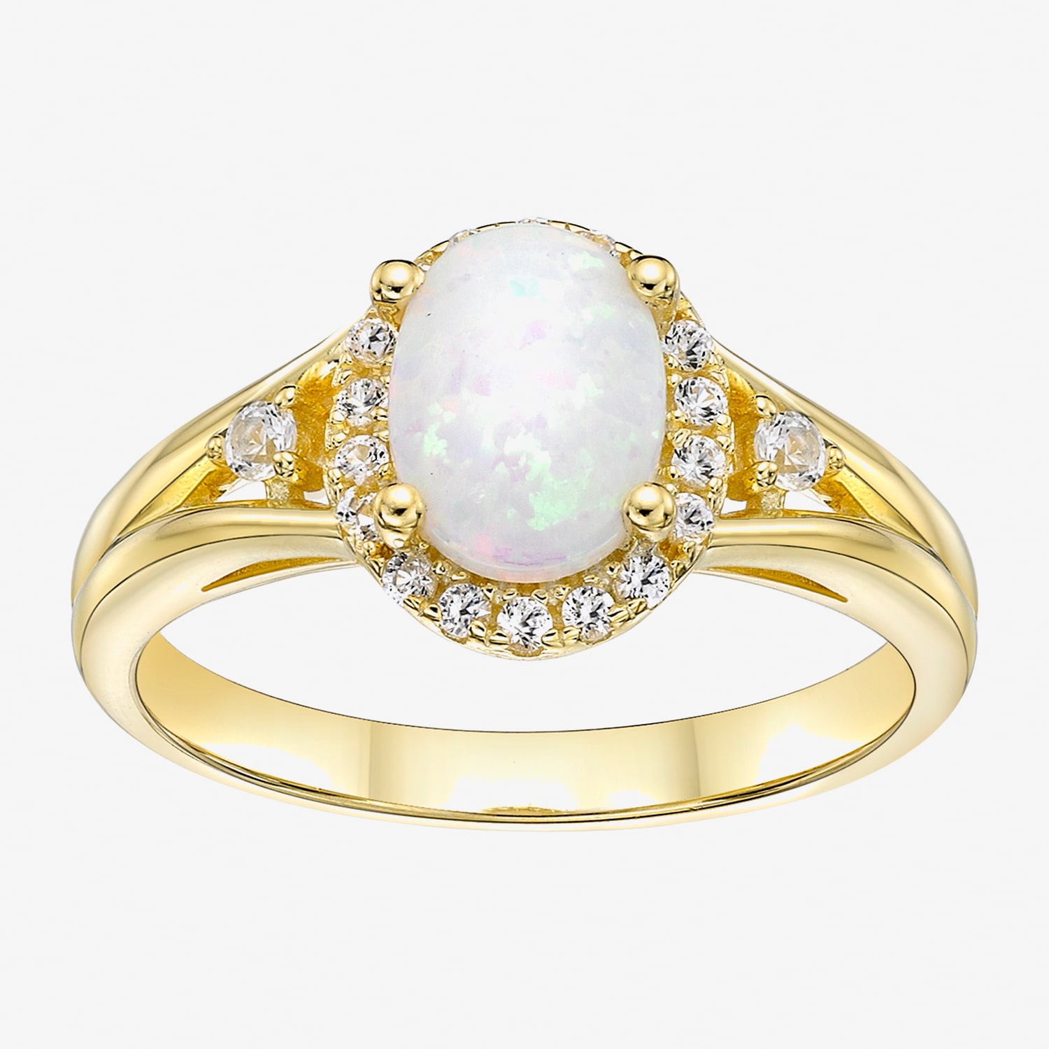 Womens Lab Created White Opal 18K Gold Over Silver Oval Halo Side Stone Cocktail Ring