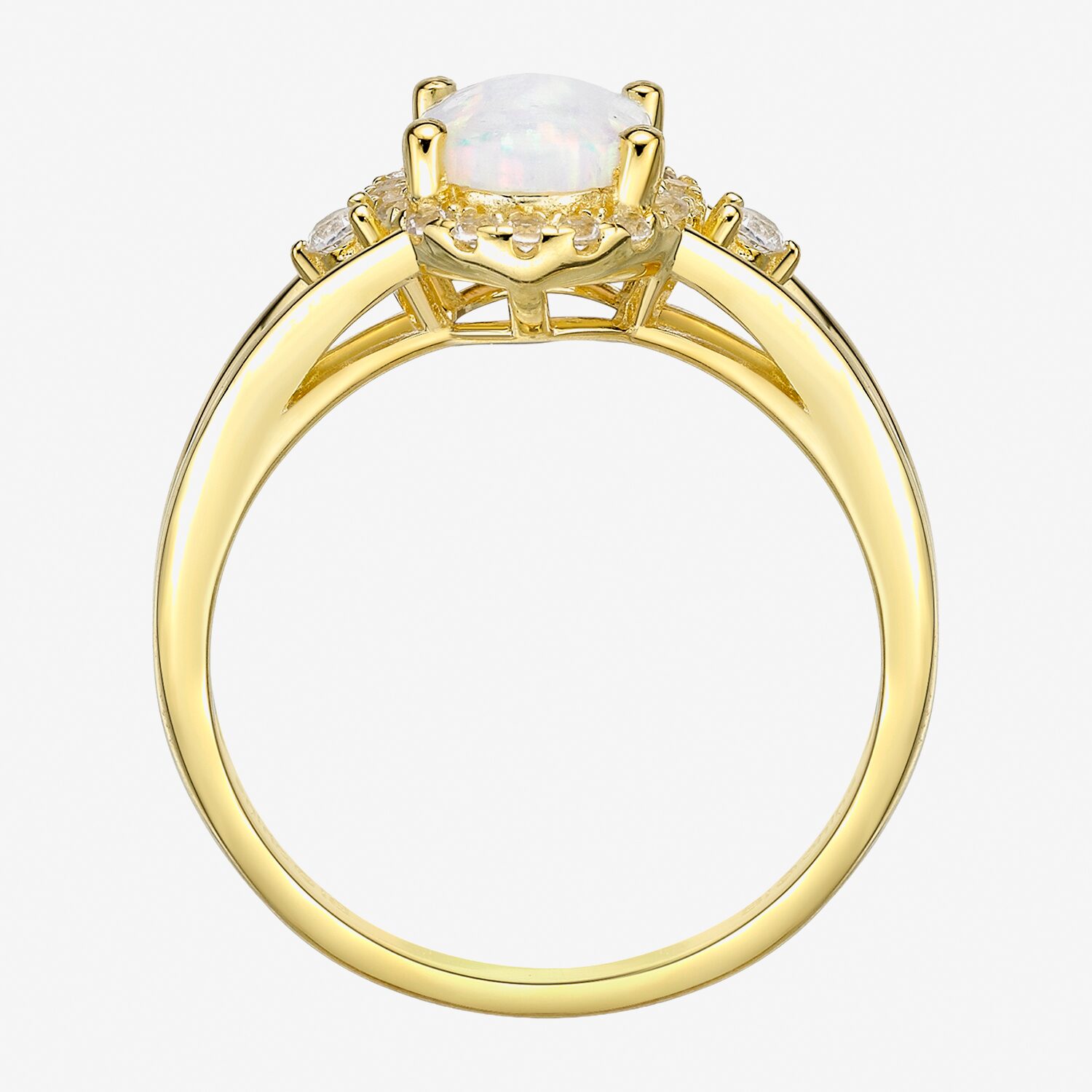 Womens Lab Created White Opal 18K Gold Over Silver Oval Halo Side Stone Cocktail Ring