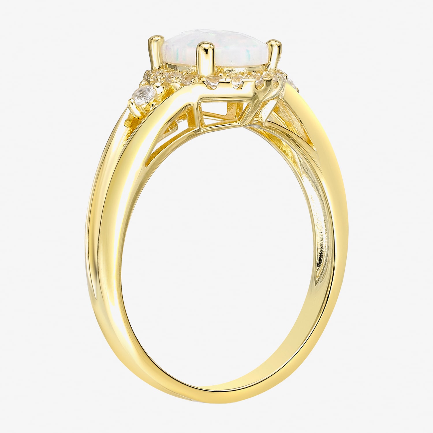 Womens Lab Created White Opal 18K Gold Over Silver Oval Halo Side Stone Cocktail Ring