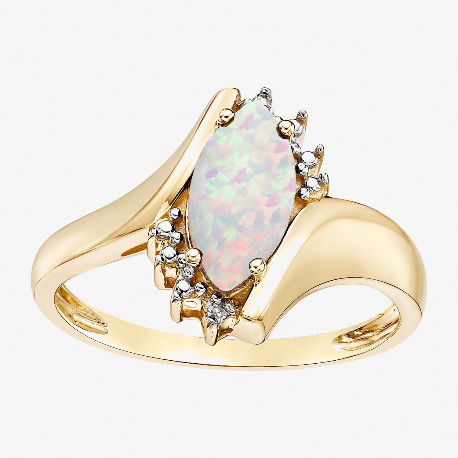 Womens Diamond Accent Lab Created White Opal 10K Gold Marquise Bypass  Cocktail Ring