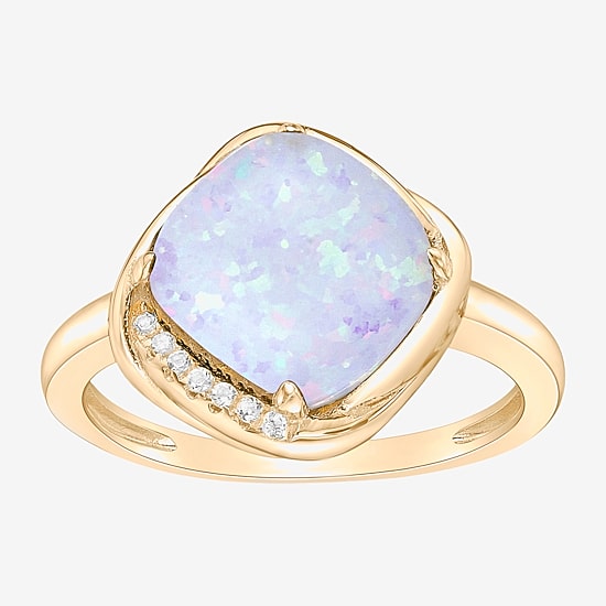 Womens Lab Created White Opal 18K Gold Over Silver Cushion Cocktail Ring
