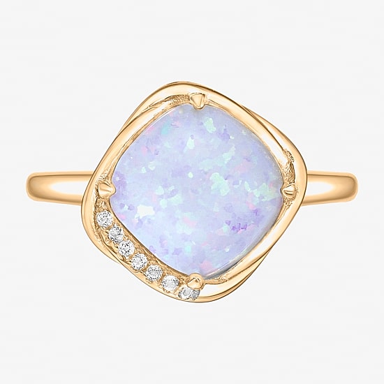 Womens Lab Created White Opal 18K Gold Over Silver Cushion Cocktail Ring