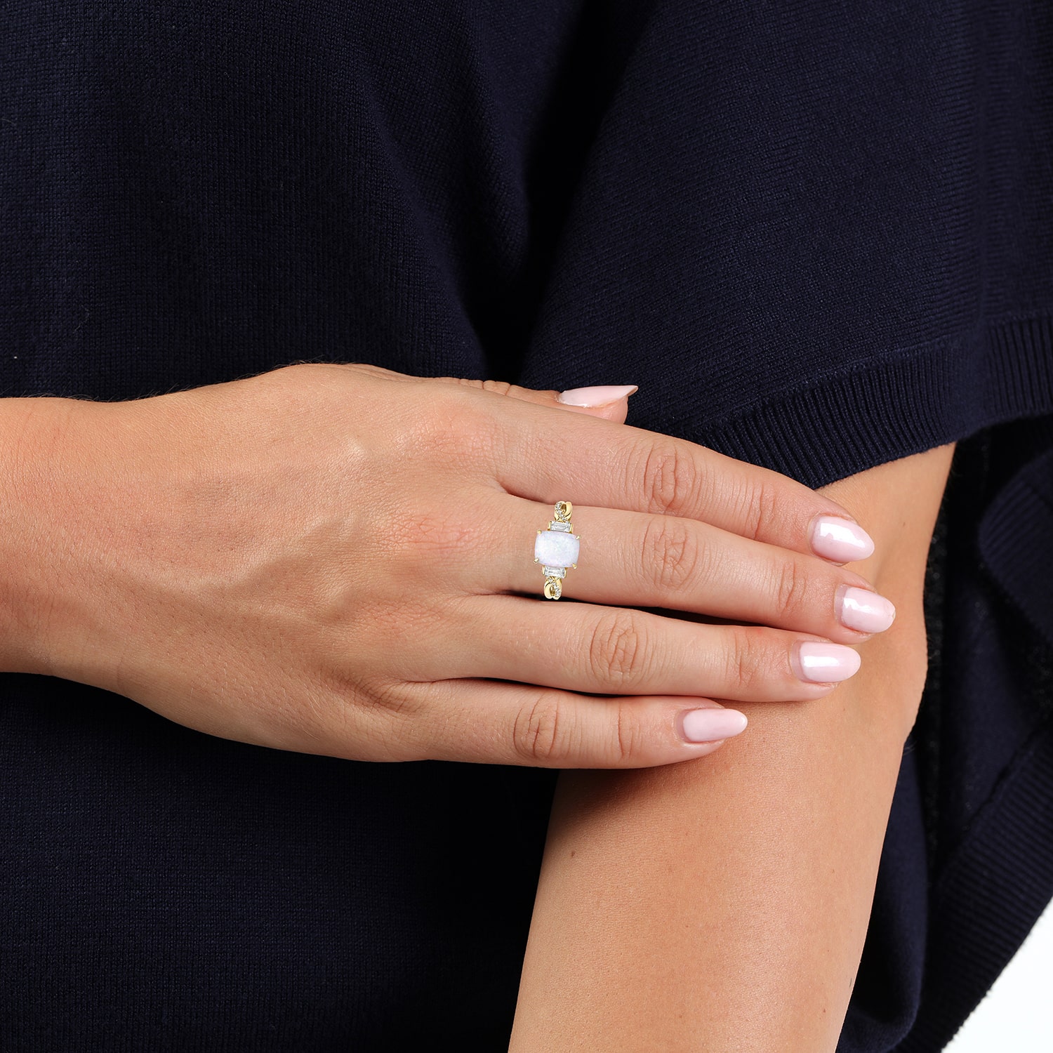 Womens Lab Created White Opal 18K Gold Over Silver Cushion Side Stone Cocktail Ring
