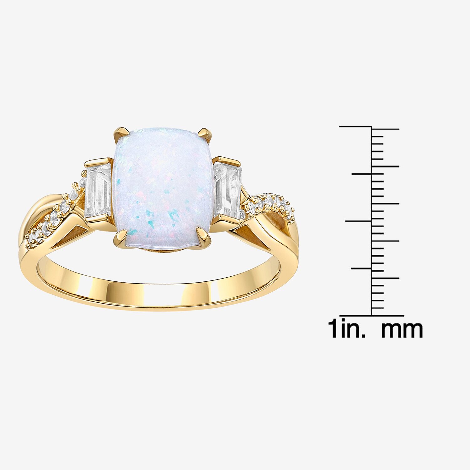 Womens Lab Created White Opal 18K Gold Over Silver Cushion Side Stone Cocktail Ring