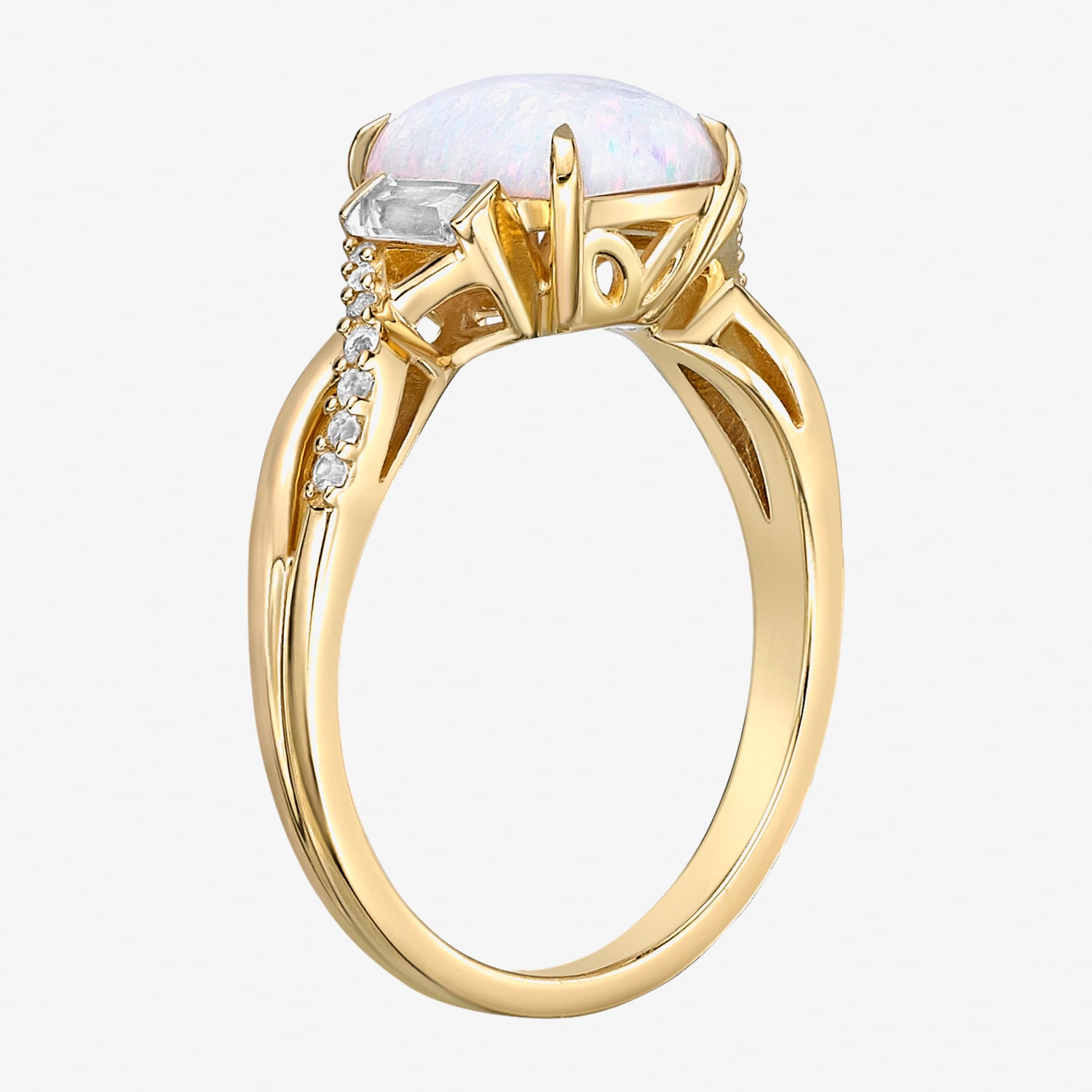 Womens Lab Created White Opal 18K Gold Over Silver Cushion Side Stone Cocktail Ring