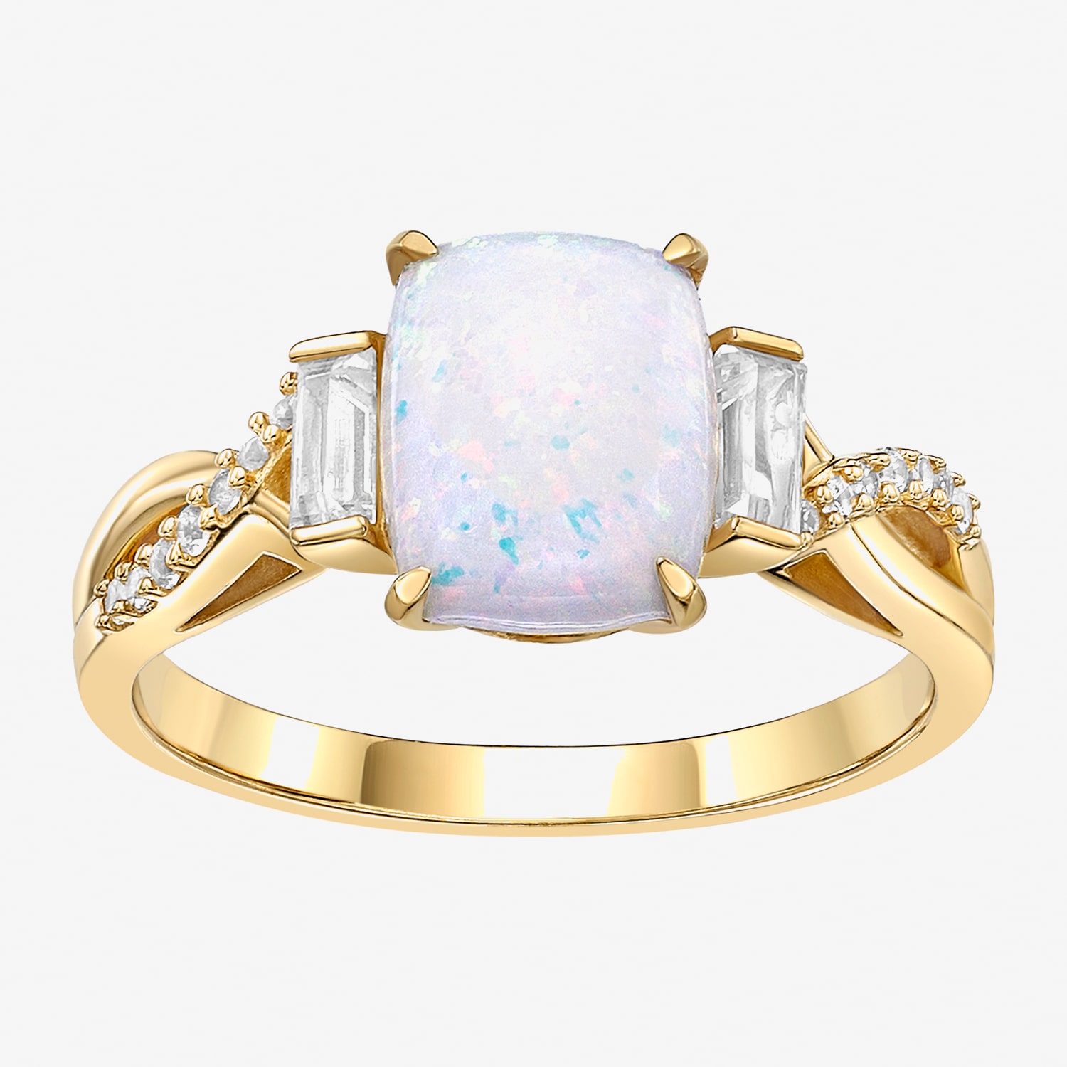 Womens Lab Created White Opal 18K Gold Over Silver Cushion Side Stone Cocktail Ring