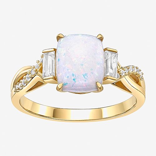 Womens Lab Created White Opal 18K Gold Over Silver Cushion Side Stone Cocktail Ring, 9, White