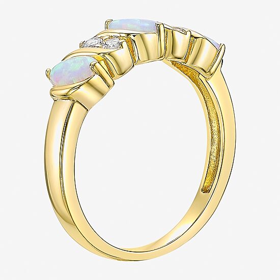 Womens 2MM Lab Created White Opal 18K Gold Over Silver Band