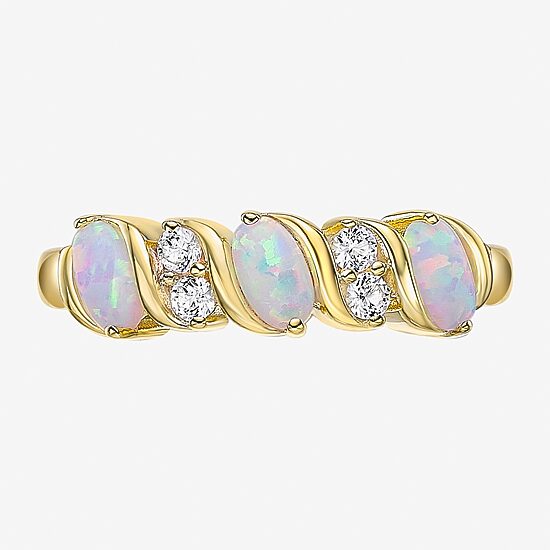 Womens 2MM Lab Created White Opal 18K Gold Over Silver Band