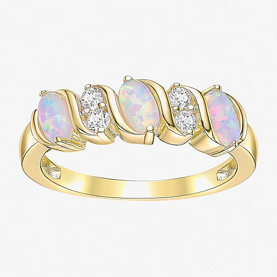 Womens 2MM Lab Created White Opal 18K Gold Over Silver Band