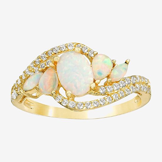 Womens Lab Created White Opal 18K Gold Over Silver Oval Side Stone Cocktail Ring