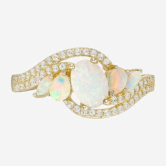 Womens Lab Created White Opal 18K Gold Over Silver Oval Side Stone Cocktail Ring