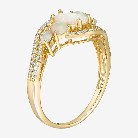 Womens Lab Created White Opal 18K Gold Over Silver Oval Side Stone Cocktail Ring