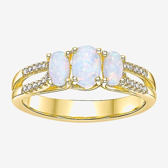 Womens 1/10 CT. T.W. Lab Created White Opal 10K Gold 3-Stone Cocktail Ring