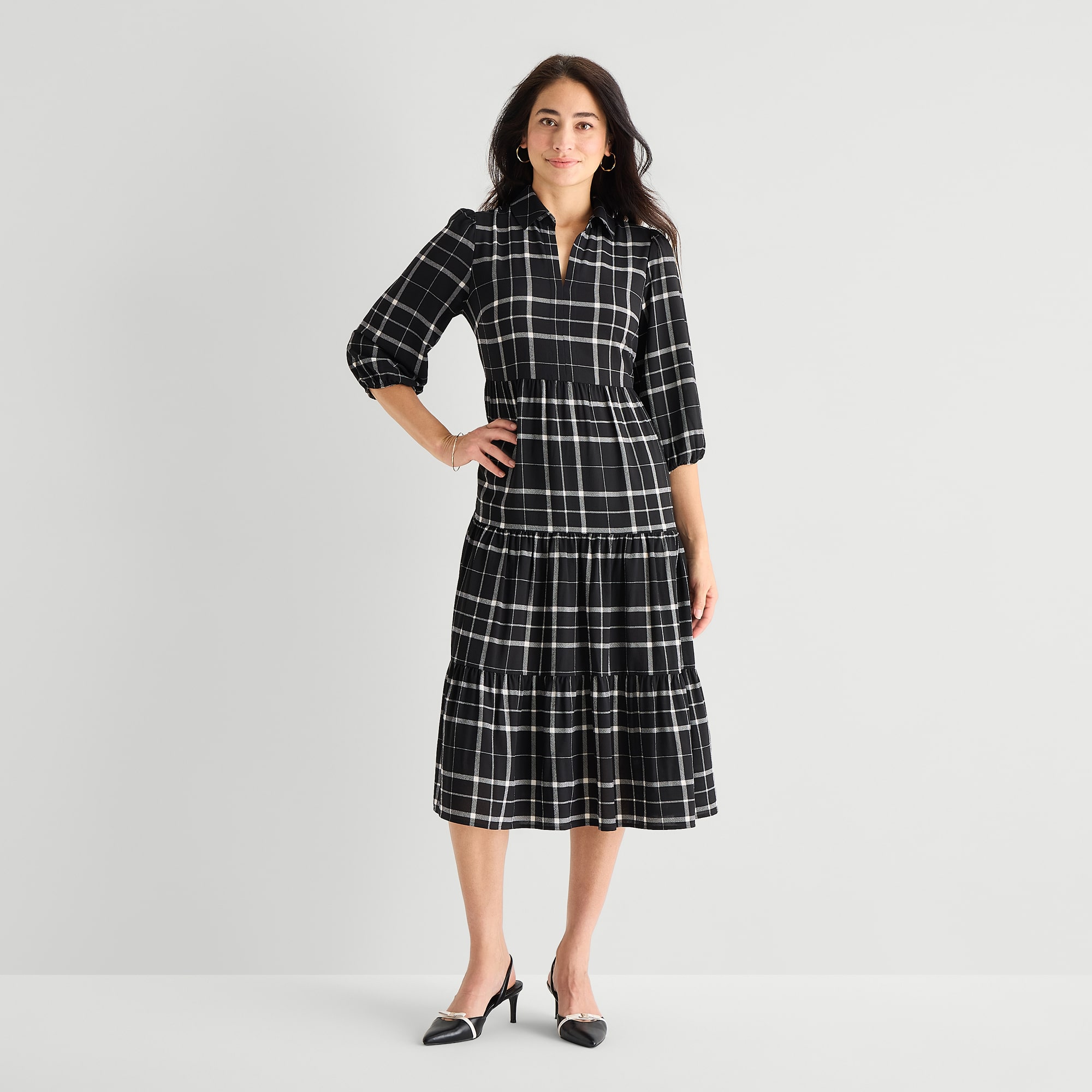 Studio 1 Womens Midi V Neck 3/4 Sleeve Bishop Plaid Fit + Flare Dress