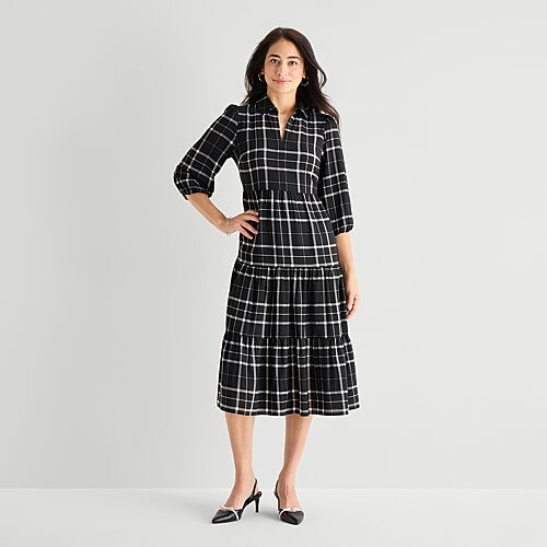 Studio 1 Womens Midi V Neck Elbow Sleeve Bishop Plaid Fit + Flare Dress In Black
