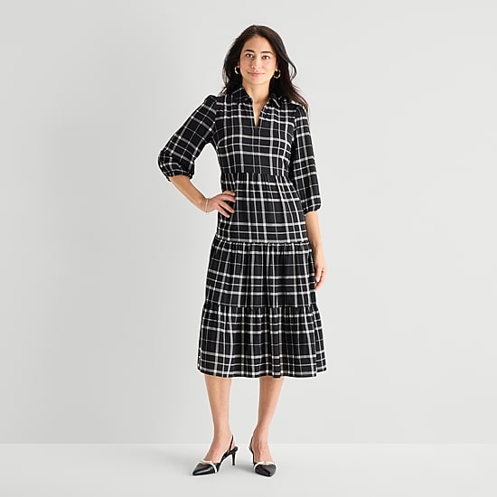 Studio 1 Womens Midi 3/4 Sleeve Bishop Plaid Fit + Flare Dress