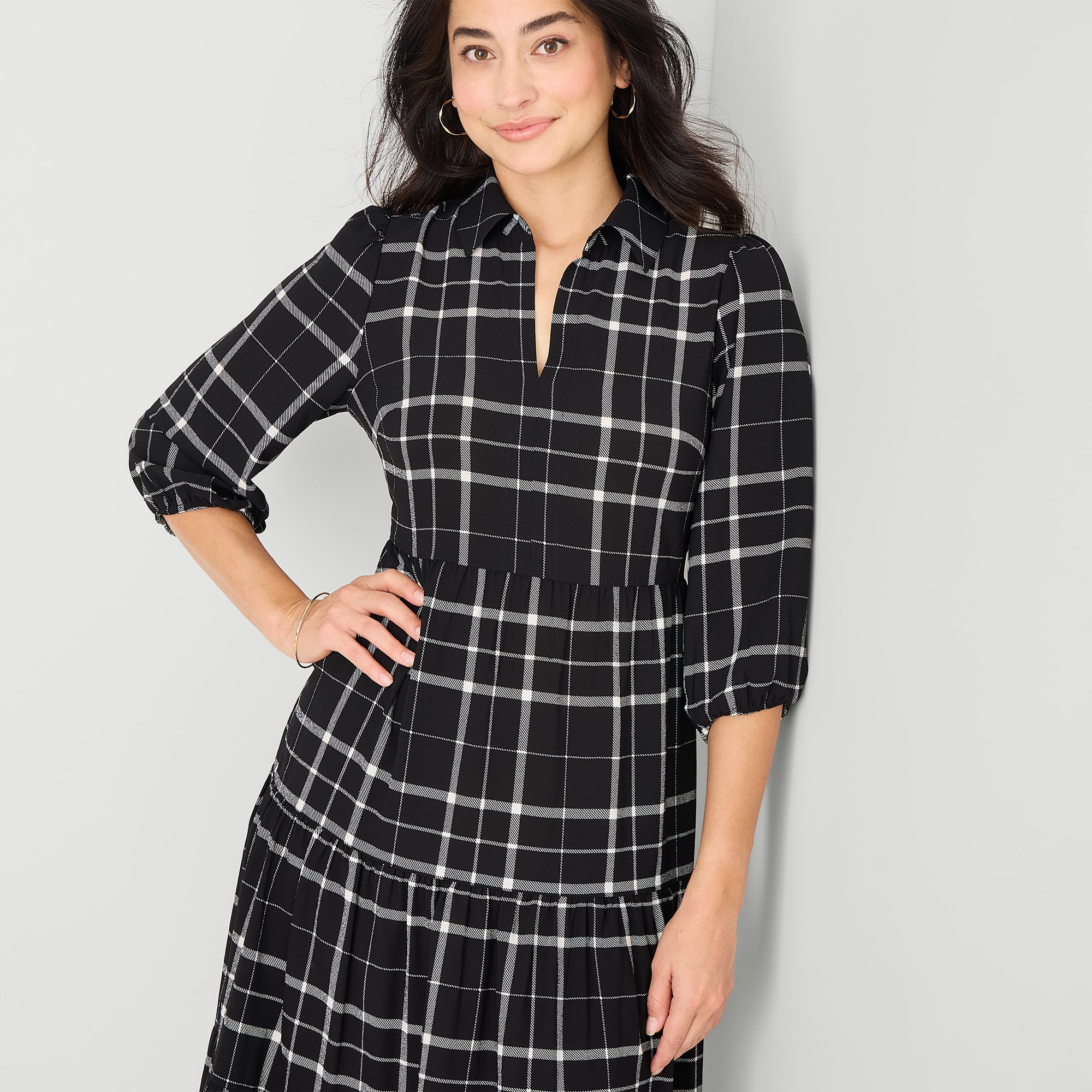 Studio 1 Womens Midi V Neck 3/4 Sleeve Bishop Plaid Fit + Flare Dress