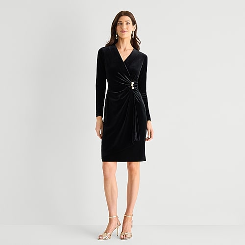 Marc New York Womens V Neck Long Sleeve Velvet Sheath Dress In Black