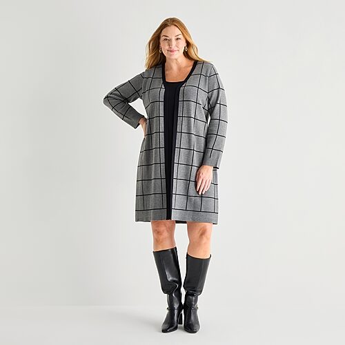 Studio 1 Womens Plus Long Sleeve Plaid Sweater Dress In Gray