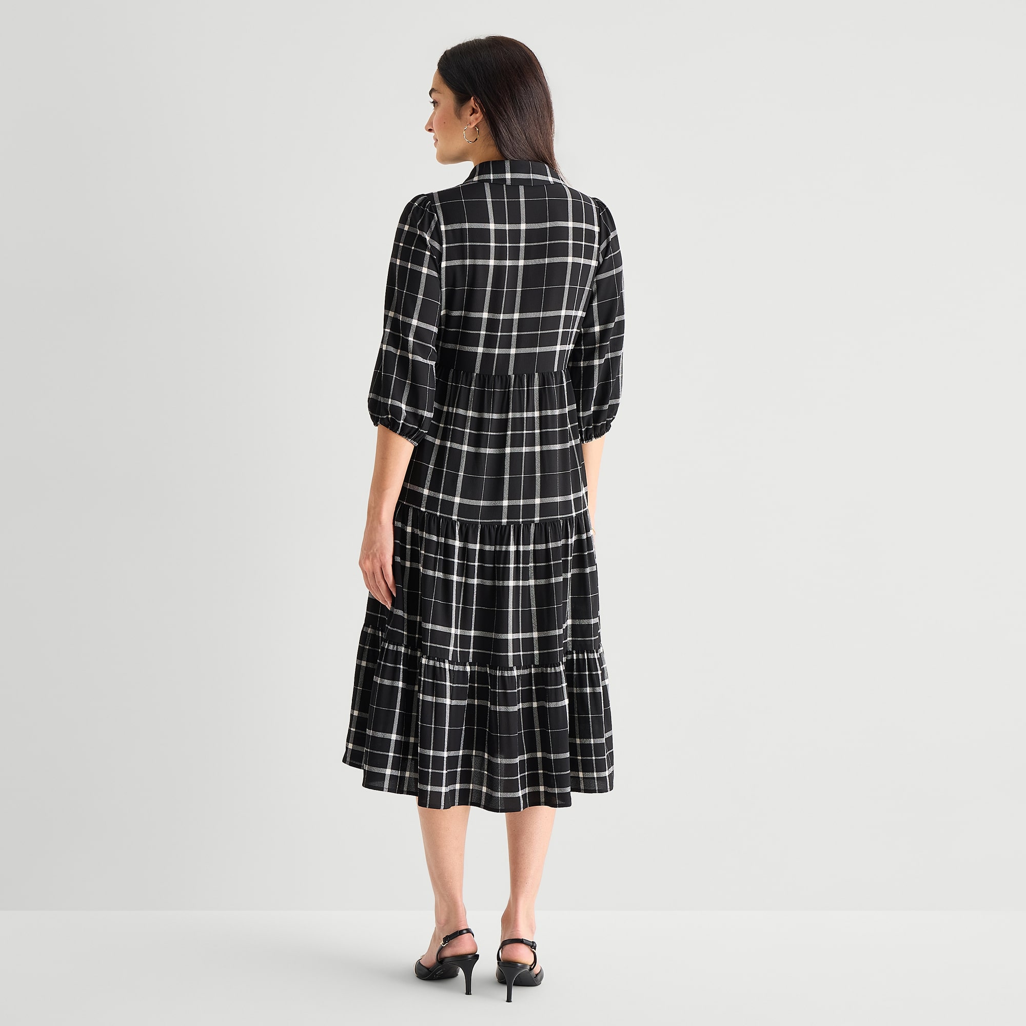Studio 1 Womens Midi V Neck 3/4 Sleeve Bishop Plaid Fit + Flare Dress