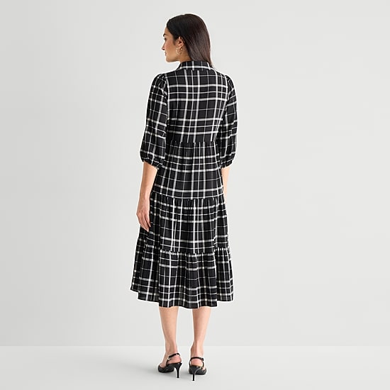 Studio 1 Womens Midi 3/4 Sleeve Bishop Plaid Fit + Flare Dress