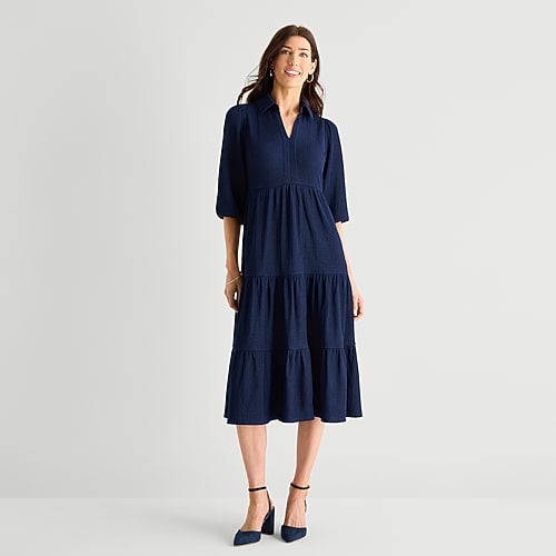 Studio 1 Womens 3/4 Sleeve Midi Shirt Dress In Blue