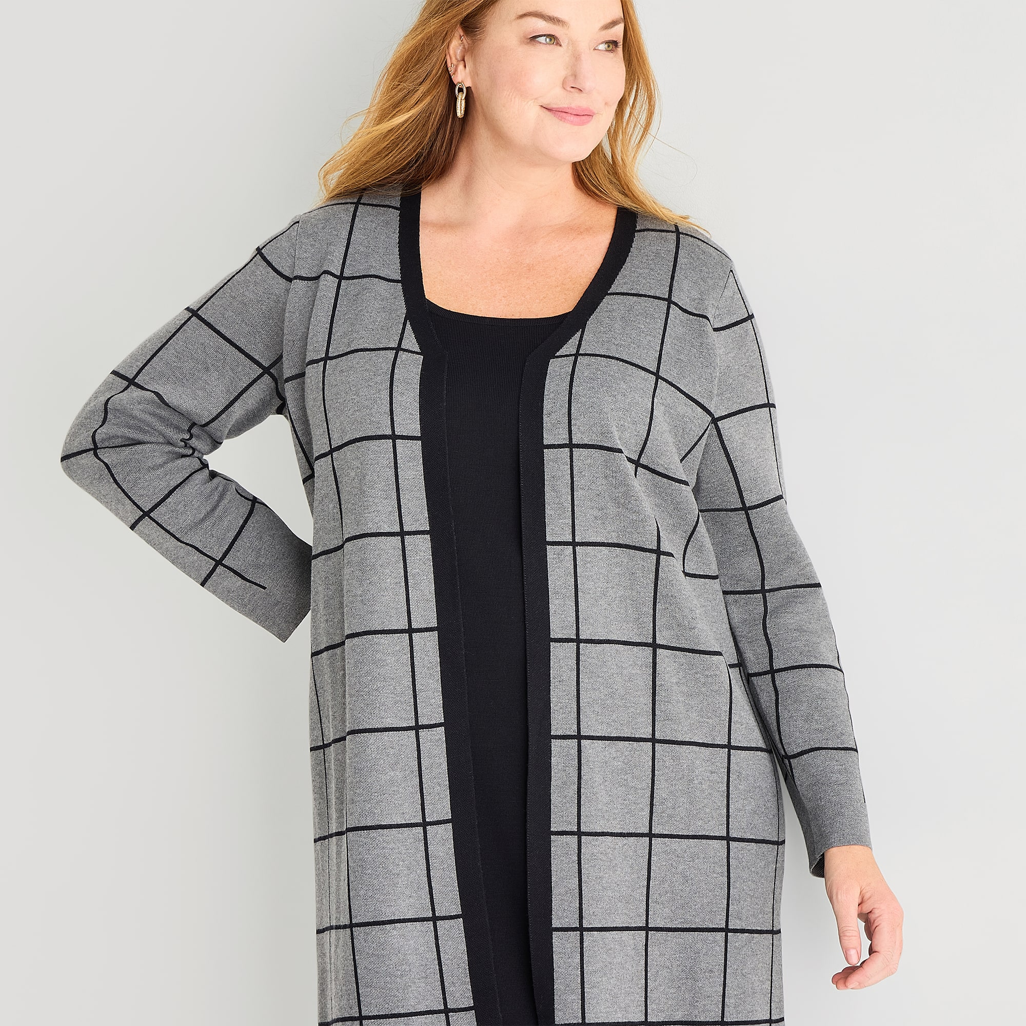 Studio 1 Womens Plus Long Sleeve Plaid Faux-Jacket Sweater Dress
