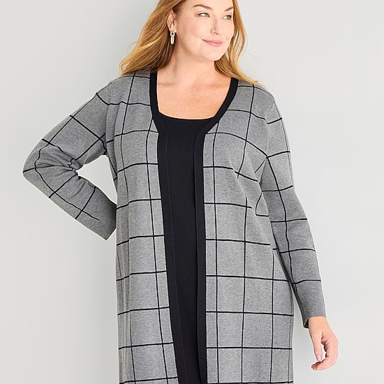 Studio 1 Womens Plus Long Sleeve Plaid Faux-Jacket Sweater Dress
