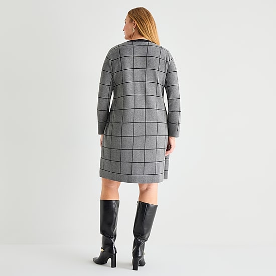 Studio 1 Womens Plus Long Sleeve Plaid Faux-Jacket Sweater Dress