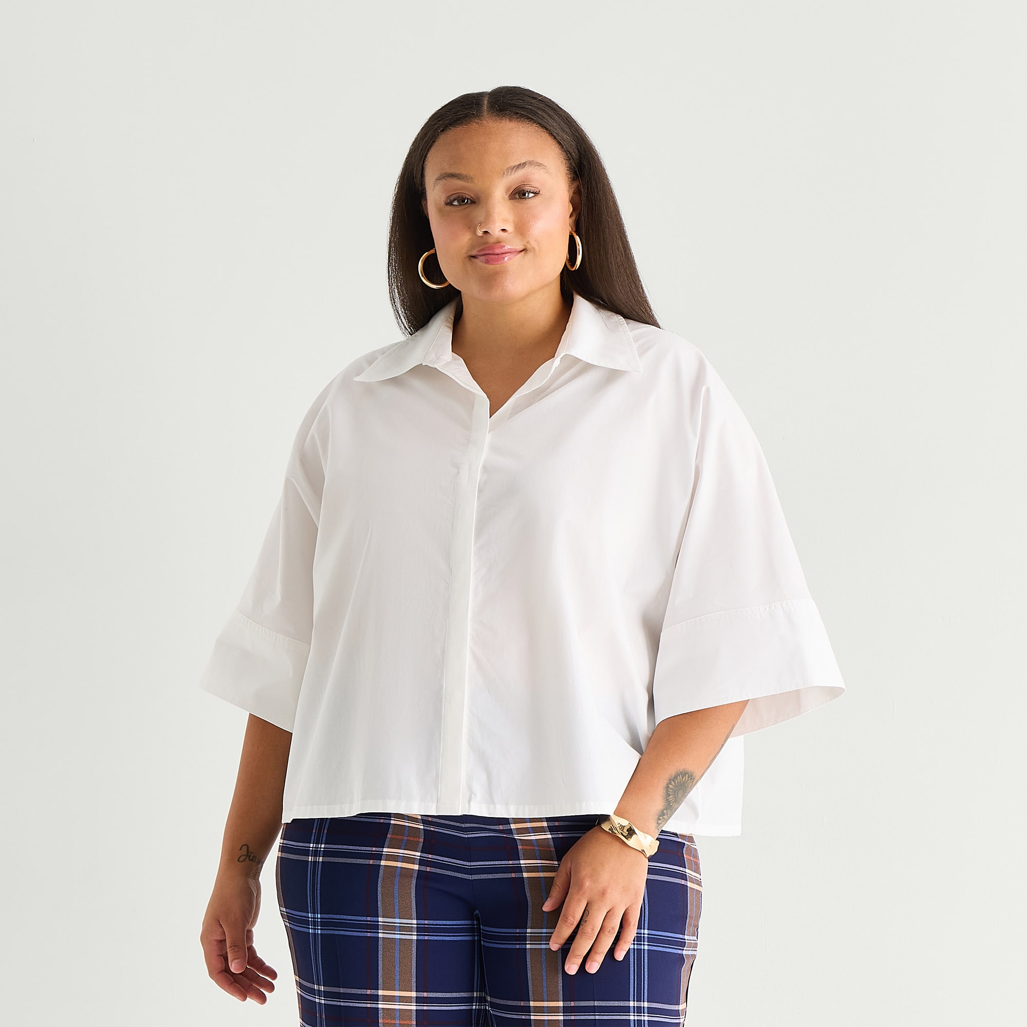 Worthington Womens Plus Dolman Short Sleeve Regular Fit Poplin Button-Down Shirt