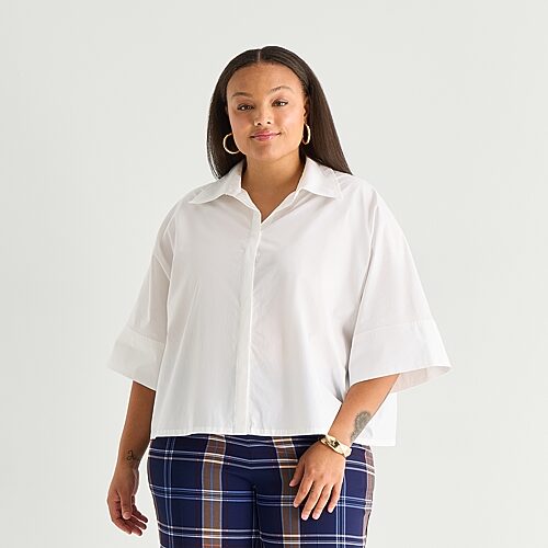 Worthington Womens Plus Dolman Short Sleeve Regular Fit Poplin Button-down Shirt In White