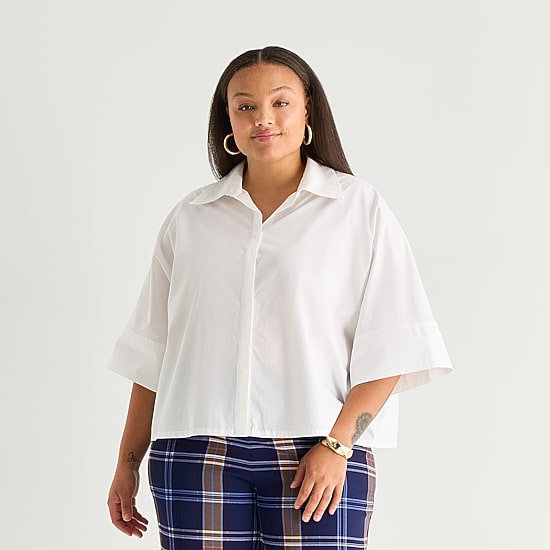 Worthington Womens Plus Dolman Short Sleeve Regular Fit Button-Down Shirt
