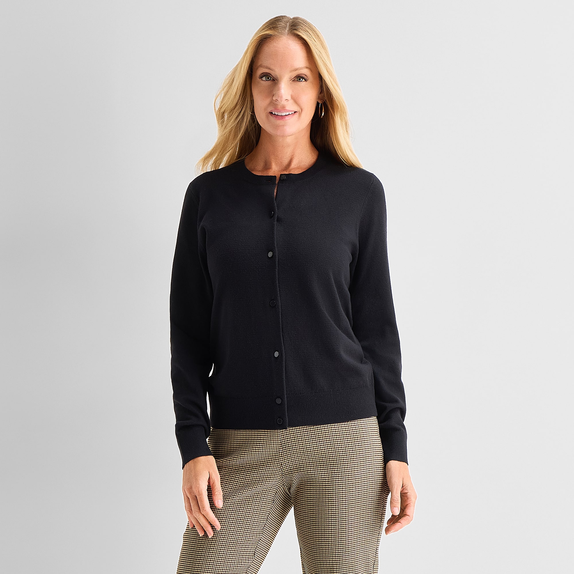 Liz Claiborne Luxe Womens Crew Neck Long Sleeve Button Open Front Cardigan