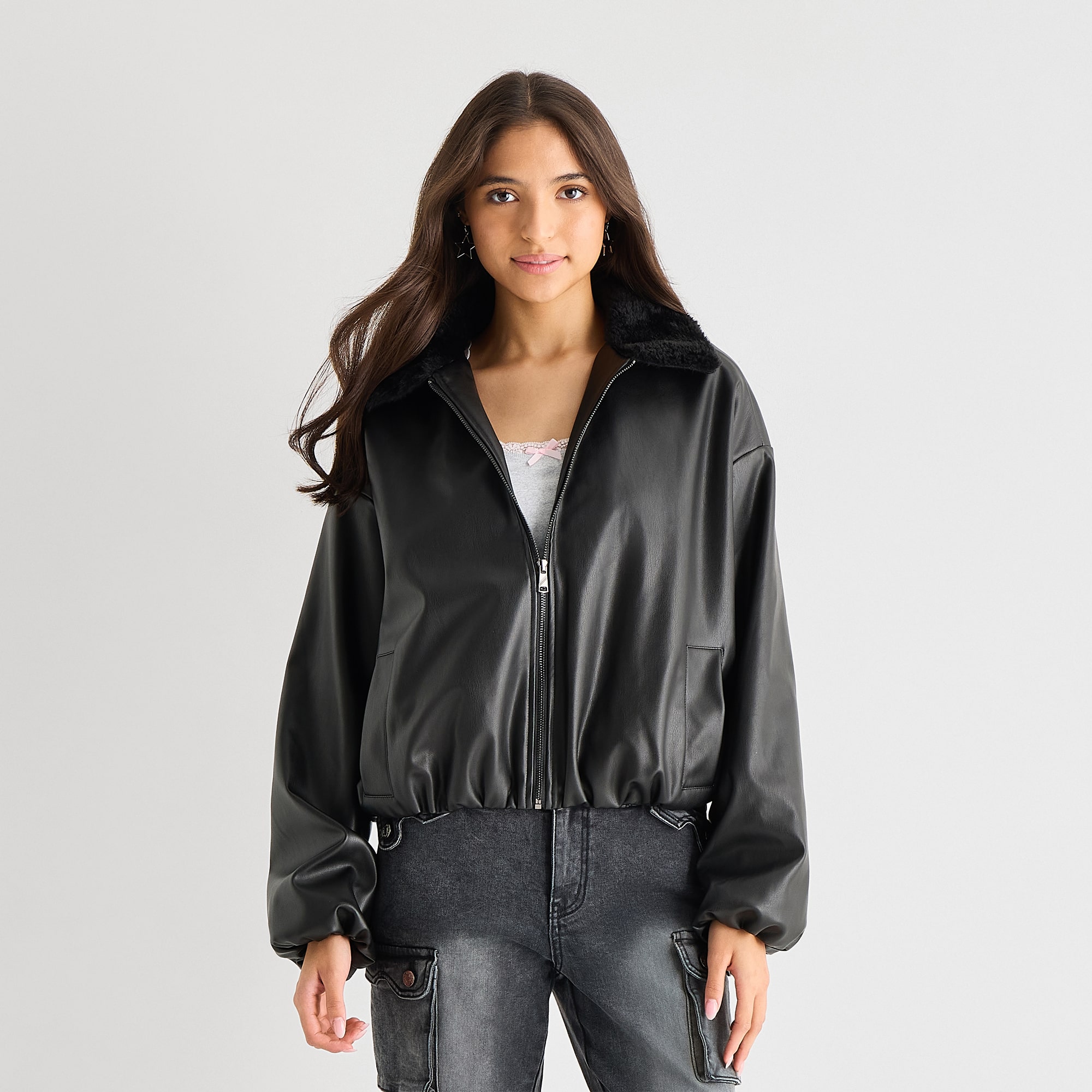 Forever 21 Womens Juniors Faux Leather Midweight Work Jacket