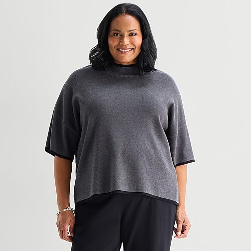 Liz Claiborne Plus Womens Mock Neck Short Sleeve Pullover Sweater In Black