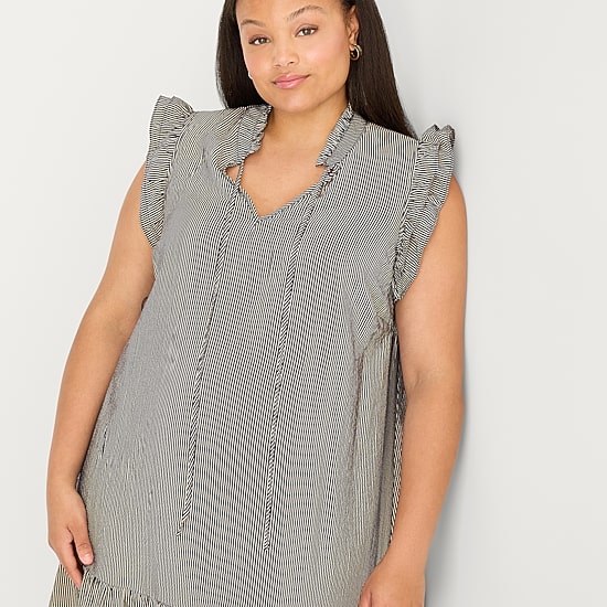52seven Womens Plus V Neck Sleeveless Striped Shift Dress