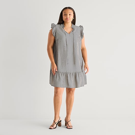 52seven Womens Plus V Neck Sleeveless Striped Shift Dress