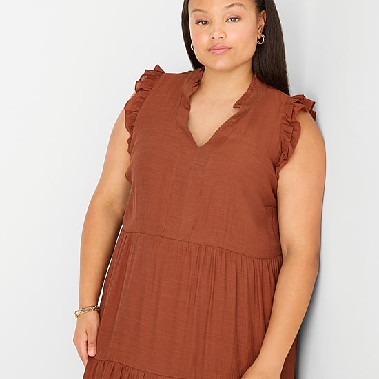 52seven Womens Plus Round Neck Sleeveless Shift Dress, Color: Rust