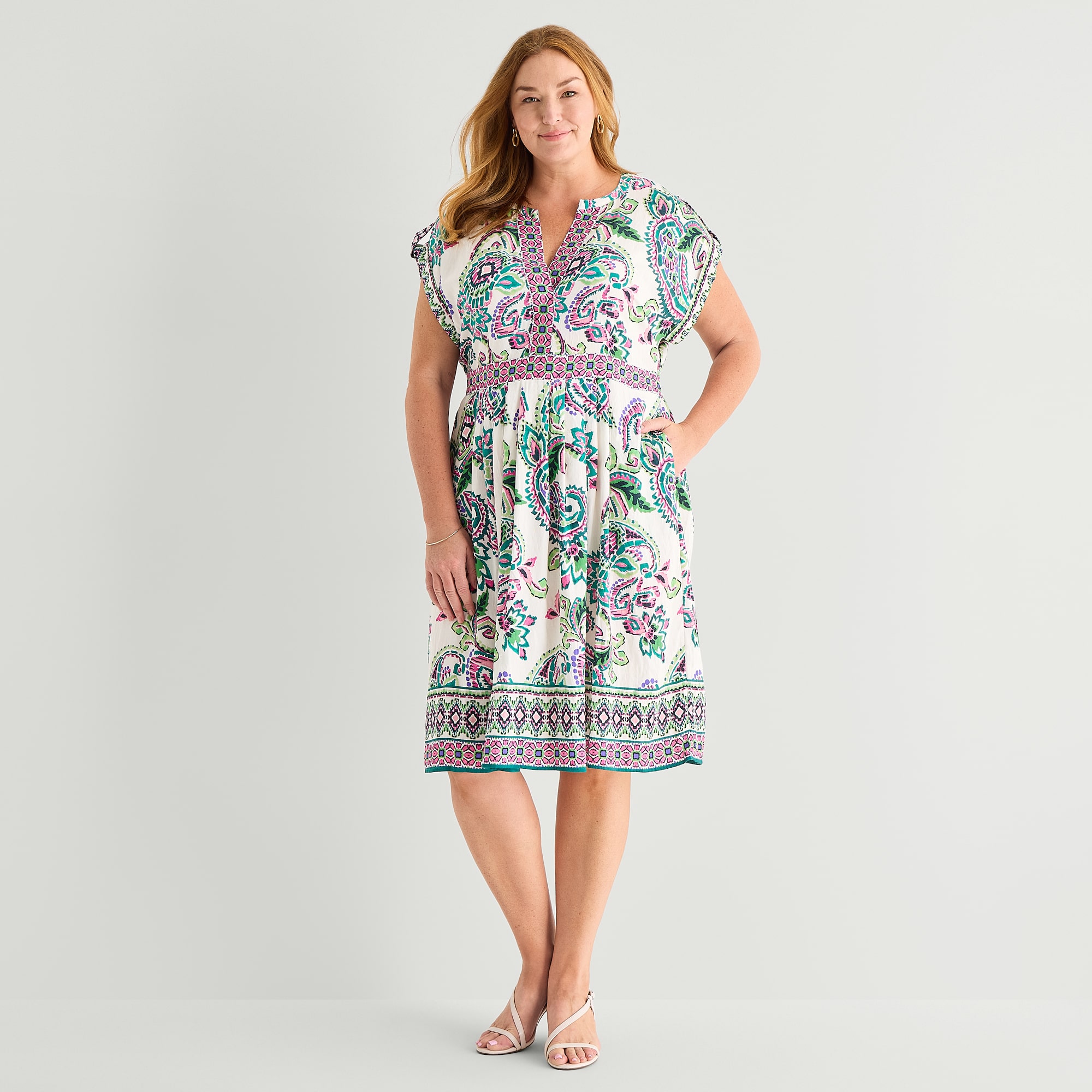 Sandra Darren Womens Plus Midi V Neck Sleeveless Cuffed Paisley Fit + Flare Dress