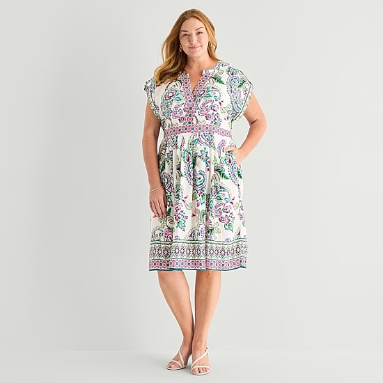 Sandra Darren Womens Plus Midi V Neck Sleeveless Cuffed Paisley Fit + Flare Dress