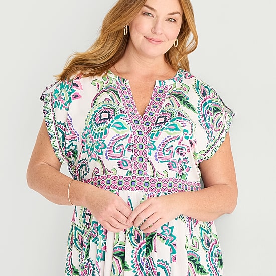 Sandra Darren Womens Plus Midi V Neck Sleeveless Cuffed Paisley Fit + Flare Dress