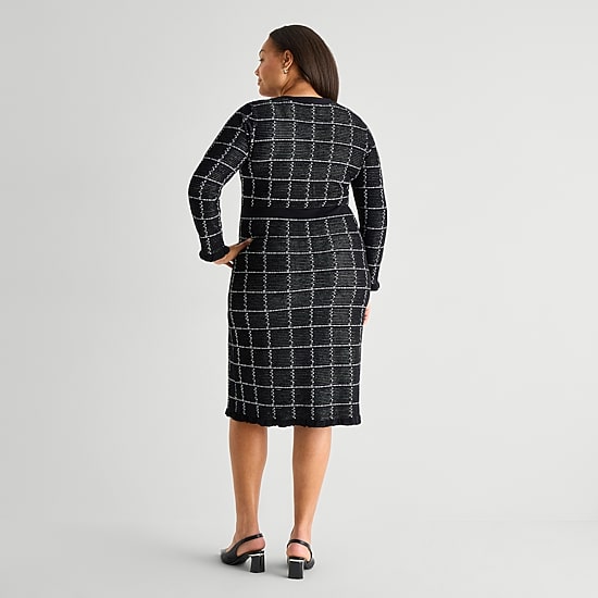 52seven Womens Plus Long Sleeve Windowpane Midi Sweater Dress