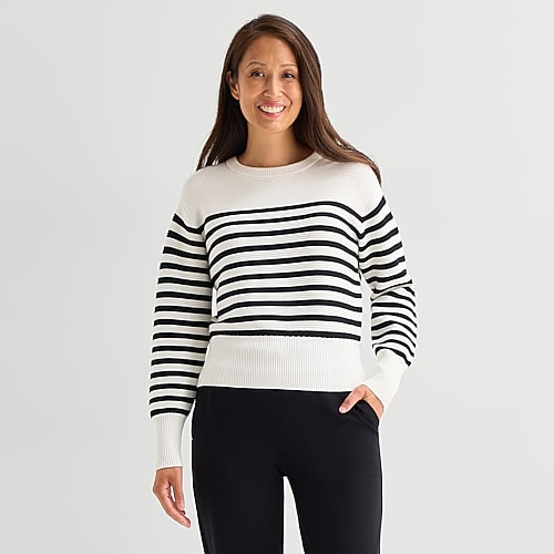 Liz Claiborne Tall Womens Crew Neck Long Sleeve Striped Pullover Sweater In Beige