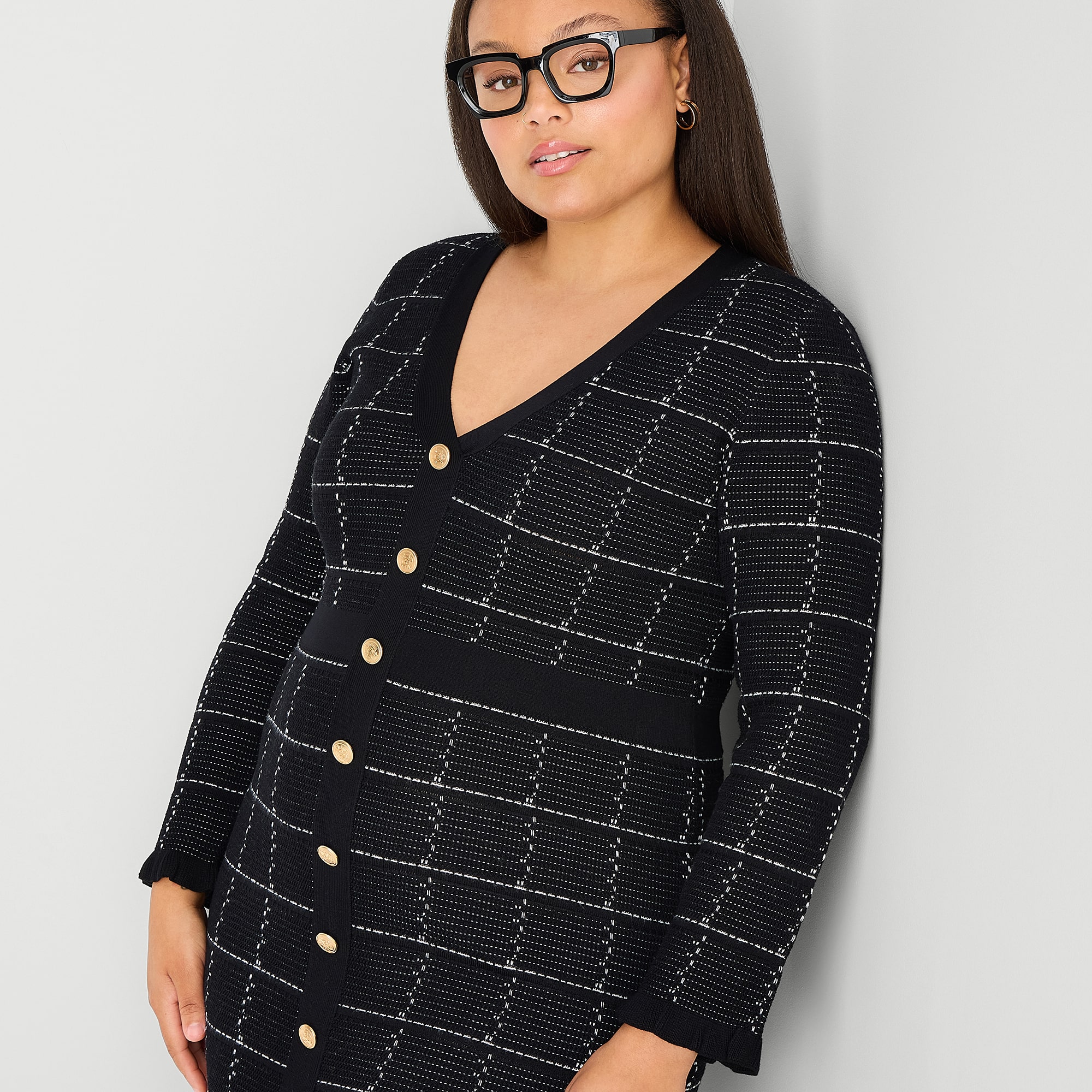 52seven Womens Plus Long Sleeve Windowpane Midi Sweater Dress