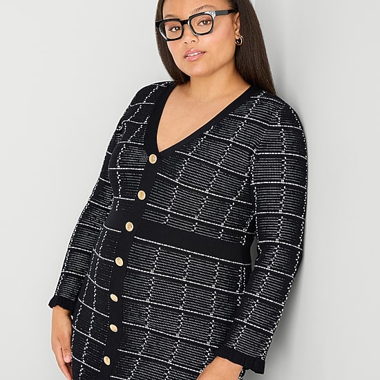 52seven Womens Plus Long Sleeve Windowpane Midi Sweater Dress