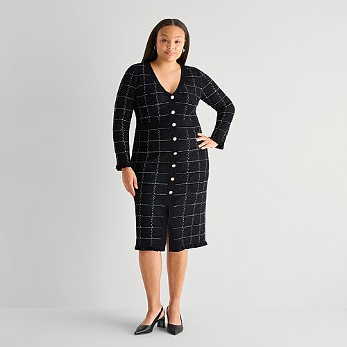 52seven Womens Plus 3/4 Sleeve Windowpane Midi Sweater Dress In Black