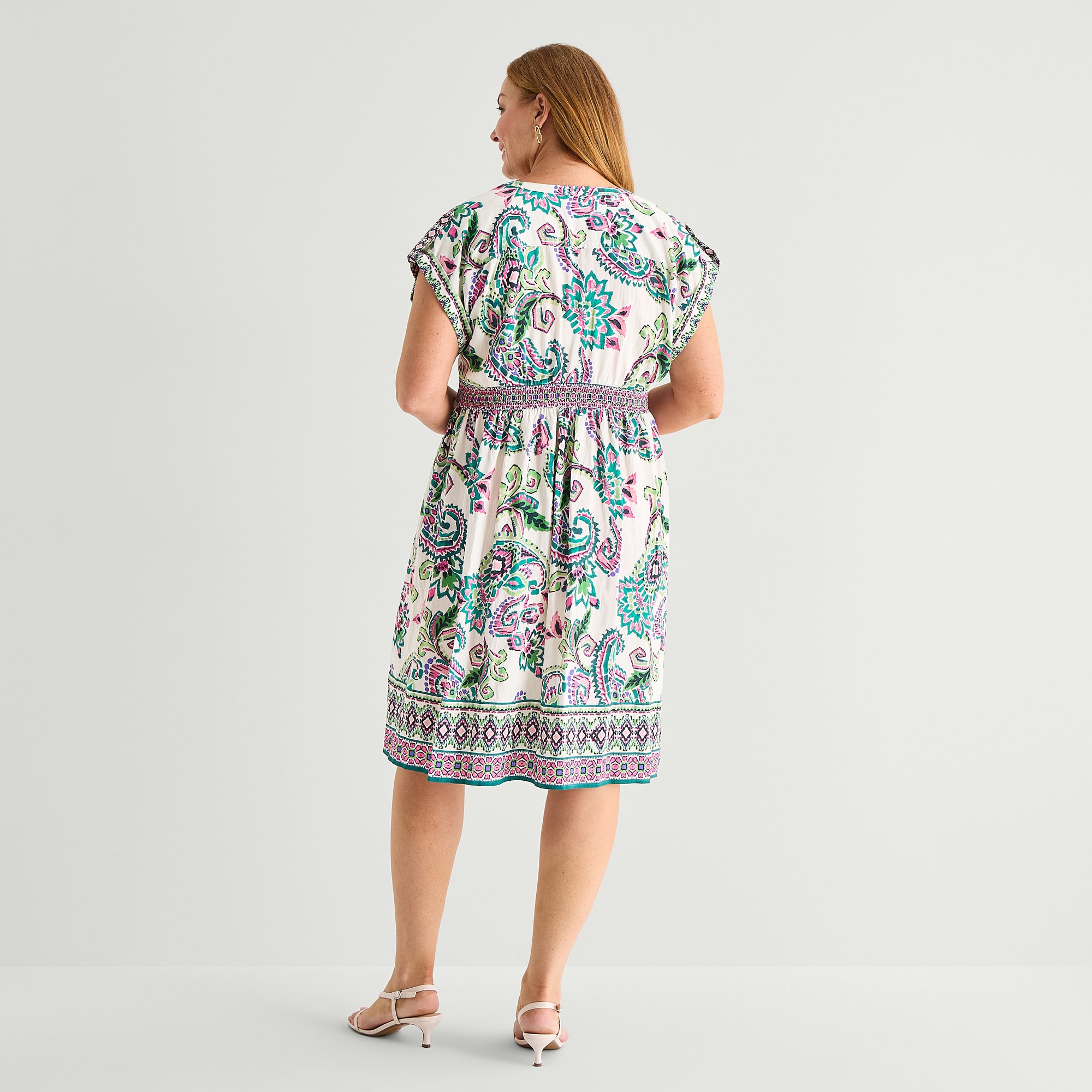 Sandra Darren Womens Plus Midi V Neck Sleeveless Cuffed Paisley Fit + Flare Dress