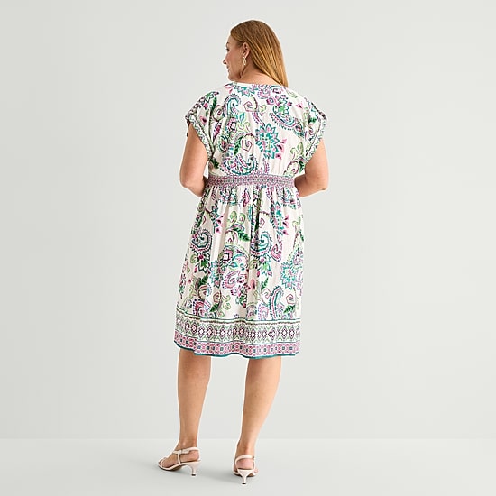 Sandra Darren Womens Plus Midi V Neck Sleeveless Cuffed Paisley Fit + Flare Dress